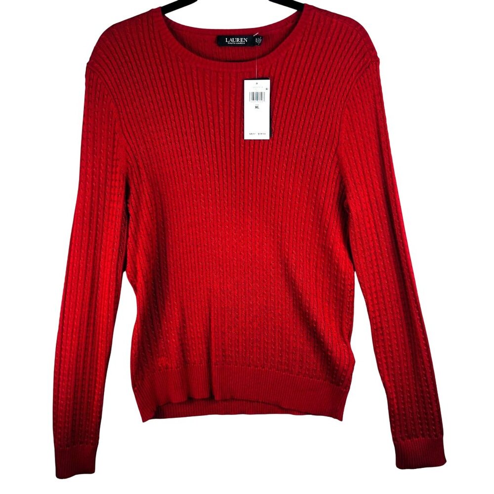 Lauren Ralph Lauren Womens Red Ribbed Knit Crewneck Sweater Size XL Long Sleeve